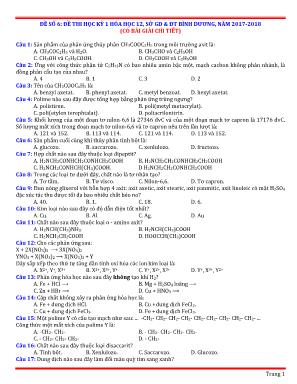 Đề thi học kỳ I môn Hóa học Lớp 12 - Năm học 2017-2018 - Sở giáo dục và đào tạo Bình Dương