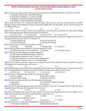 Đề thi học kỳ I môn Hóa học Lớp 12 - Năm học 2017-2018 - Sở giáo dục và đào tạo Bình Thuận