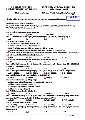 Đề thi khảo sát chất lượng lần 3 môn Hóa học Lớp 12 - Mã đề 001 - Năm học 2019-2020 - Trường THPT Nguyễn Thị Giang (Kèm đáp án)