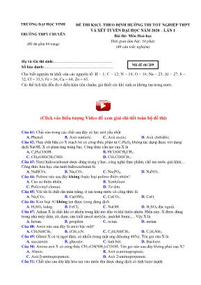 Đề thi KSCL theo định hướng thi Tốt nghiệp THPT và xét tuyển Đại học môn Hóa học lần 1 năm 2020 - Mã đề 209 - Đại học Vinh