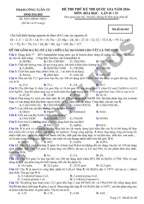 Đề thi thử kỳ thi THPT Quốc gia môn Hóa học năm 2016 - Mã đề 041 - Phạm Công Tuấn