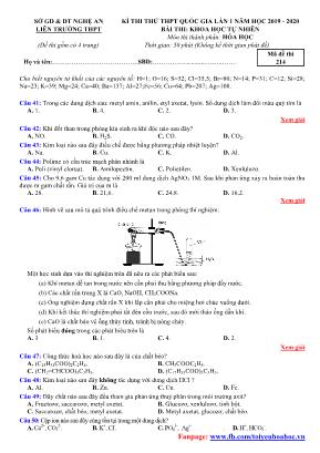 Đề thi thử THPT Quốc gia môn Hóa học lần 1 - Mã đề 214 - Năm học 2019-2020 - Sở giáo dục và đào tạo Nghệ An (Có đáp án)