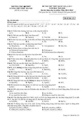Đề thi thử THPT Quốc gia môn Hóa học lần 1 năm 2020 - Mã đề 132 - Trường THCS và THPT Lương Thế Vinh