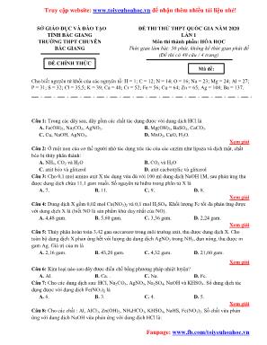 Đề thi thử THPT Quốc gia môn Hóa học lần 1 năm 2020 - Trường THPT chuyên Bắc Giang (Có đáp án)