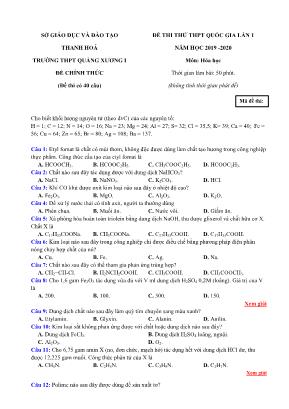 Đề thi thử THPT Quốc gia môn Hóa học lần 1 - Năm học 2019-2020 - Trường THPT Quảng Xương I (Có đáp án)