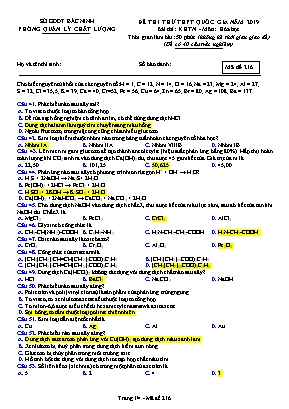 Đề thi thử THPT Quốc gia môn Hóa học năm 2019 - Mã đề 216 - Sở giáo dục và đào tạo Bắc Ninh