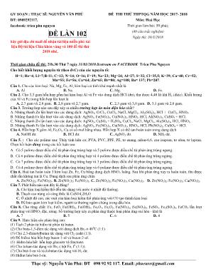 Đề thi thử THPT Quốc gia môn Hóa học năm 2020 - Đề 102 - Năm học 2017-2018 - Nguyễn Văn Phú (Có đáp án)