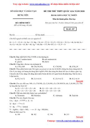 Đề thi thử THPT Quốc gia môn Hóa học năm 2020 - Mã đề 207 - Sở giáo dục và tạo Hưng Yên (Có đáp án)