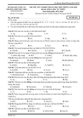 Đề thi thử Tốt nghiệp THPT Quốc gia môn Hóa học năm 2020 - Mã đề 010 - Trường THPT Đức Hòa