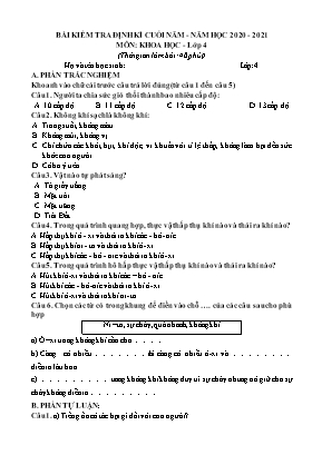 Bài kiểm tra Cuối học kỳ I môn Khoa học Lớp 4 - Năm học 2020-2021 (Có đáp án)