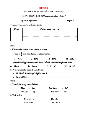 Bài kiểm tra Cuối năm môn Toán Lớp 5 - Đề số 4 - Năm học 2020-2021 - Tiểu học Nguyễn Gia Thiều