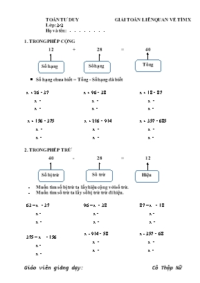 Bài tập môn Toán Lớp 3 - Giải toán liên quan về tìm X - Cô Thập Nữ