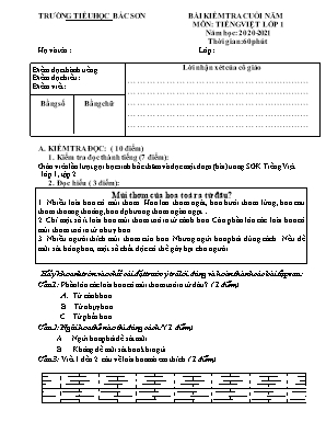 Đề kiểm tra Cuối năm môn Tiếng Việt Lớp 1 - Năm học 2020-2021 - Trường Tiểu học Bắc Sơn (Bộ sách Chân trời sáng tạo)
