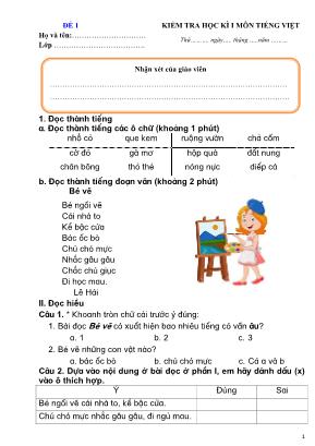 Đề kiểm tra Học kỳ I môn Tiếng Việt Lớp 1 - Đề 1 (Bộ sách Cánh Diều)