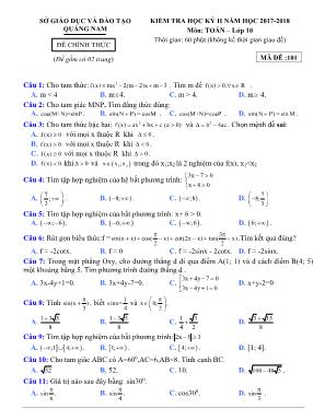Đề kiểm tra học kỳ II môn Toán Lớp 10 - Năm học 2017-2018 - Sở giáo dục và đào tạo Quảng Nam