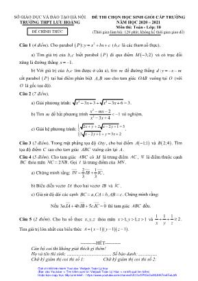 Đề thi Học sinh giỏi cấp trường môn Toán Lớp 10 - Năm học 2020-2021 - Trường Trung học Phổ thông Lưu Hoàng