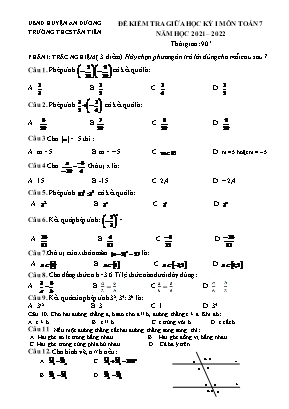 Đề kiểm tra giữa học kỳ 1 môn Toán 7 - Năm học 2021-2022