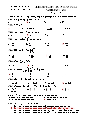 Đề kiểm tra giữa học kỳ I môn Toán 7 - Năm học 2021-2022 (Có đáp án)