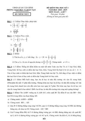 Đề kiểm tra học kỳ I môn Toán học Lớp 7 - Năm học 2018-2019 - Quận Tân Bình (Có đáp án)