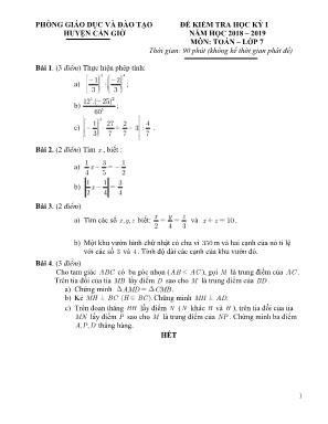 Đề kiểm tra học kỳ I môn Toán Lớp 7 - Năm học 2018-2019 - Huyện Cần Giờ (Có đáp án)