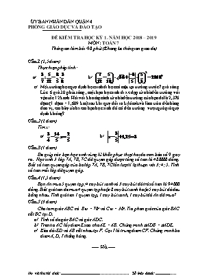 Đề kiểm tra kỳ I môn Toán Khối 7 - Năm học 2018-2019 (Có đáp án)