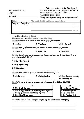 Bài kiểm tra chất lượng cuối kì I môn Lịch sử địa lí Lớp 4 - Năm học 2021-2022