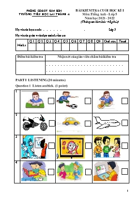 Bài kiểm tra cuối học kì I môn Tiếng Anh Lớp 5 - Năm học 2021-2022