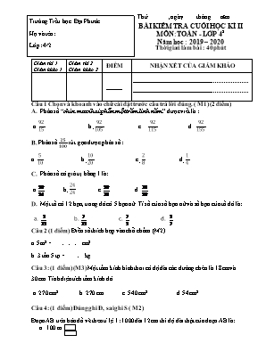 Bài kiểm tra cuối học kì II môn Toán Lớp 4 - Năm học 2019-2020