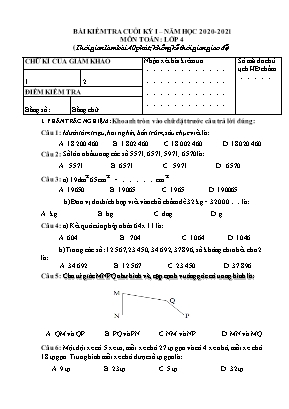 Bài kiểm tra cuối kỳ I môn Toán Lớp 4 - Năm học 2020- 2021