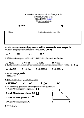 Bài kiểm tra định kỳ cuối học kỳ I môn Toán Lớp 4 - Năm học 2020-2021