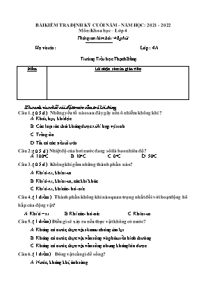 Bài kiểm tra định kỳ cuối năm môn Khoa học Lớp 4 - Năm học 2021-2022