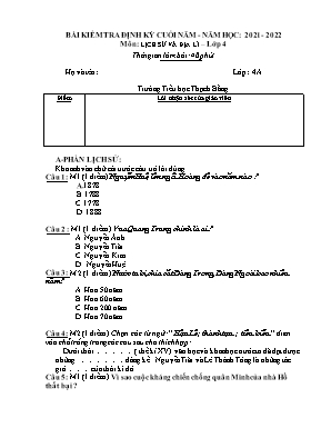 Bài kiểm tra định kỳ cuối năm môn Lịch sử và địa lí Lớp 4 - Năm học 2021-2022