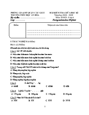 Bài kiểm tra giữa học kì 1 môn Toán 4 - Năm học 2021-2022 (Có đáp án)