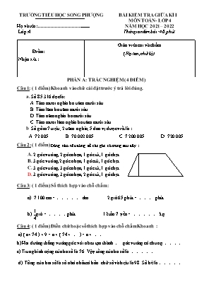 Bài kiểm tra giữa kì 1 môn Toán Lớp 4 - Năm học 2021-2022