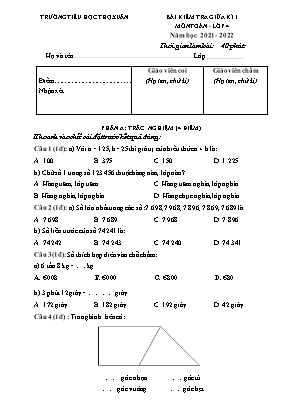 Bài kiểm tra giữa kì I môn Toán Lớp 4 - Năm học 2021-2022