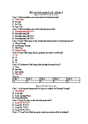 Bộ câu hỏi môn Lịch sử Lớp 4 (Có đáp án)