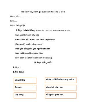 Bộ đề kiểm tra, đánh giá cuối năm học môn Tiếng Việt Lớp 1