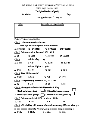 Đề khảo sát chất lượng môn Toán Lớp 4 - Năm học 2021-2022
