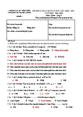 Đề kiểm tra chất lượng giữa học kì I môn Toán Lớp 4 - Năm học 2021-2022 - Mã đề 2 (Có đáp án)