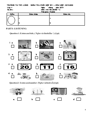 Đề kiểm tra cuối học kì I môn Anh Văn Khối 4 - Năm học 2019-2020