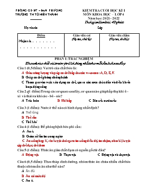 Đề kiểm tra cuối học kì I môn Khoa học 4 - Năm học 2021-2022 (Có đáp án)