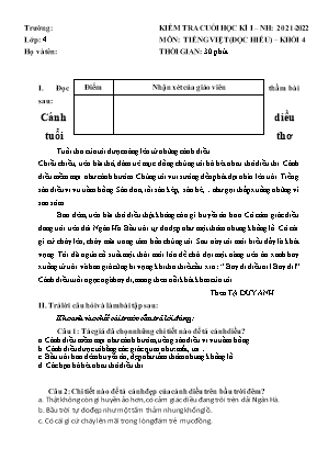 Đề kiểm tra cuối học kì I môn Tiếng Việt (đọc hiểu) Khối 4 - Năm học 2021-2022