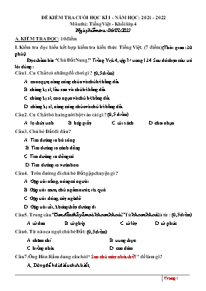 Đề kiểm tra cuối học kì I môn Tiếng Việt Khối 4 - Năm học 2021-2022 (Có đáp án)