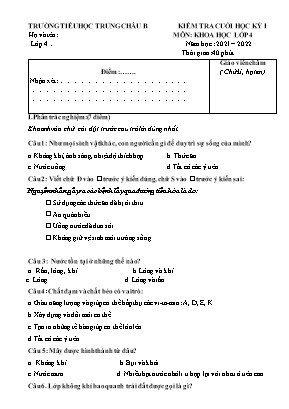 Đề kiểm tra cuối học kỳ I môn Khoa học Lớp 4 - Năm học 2021-2022