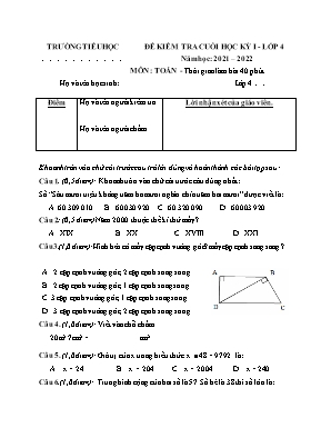 Đề kiểm tra cuối học kỳ I môn Toán Lớp 4 (Chân trời sáng tạo) - Năm học 2021-2022