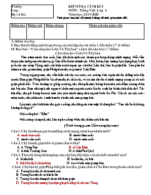 Đề kiểm tra cuối kì 1 môn Tiếng Việt Lớp 4 - Năm học 2019-2020