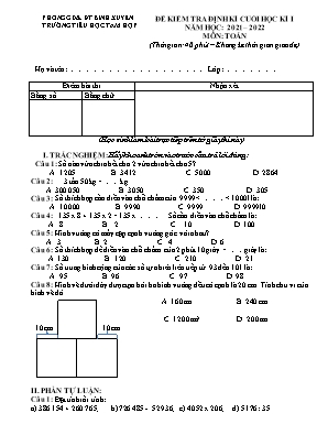 Đề kiểm tra định kì cuối học kì 1 môn Toán Lớp 4 - Năm học 2021-2022