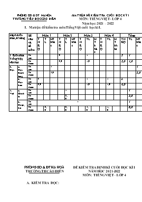 Đề kiểm tra định kì cuối học kì I môn Tiếng việt Lớp 4 - Năm học 2021-2022
