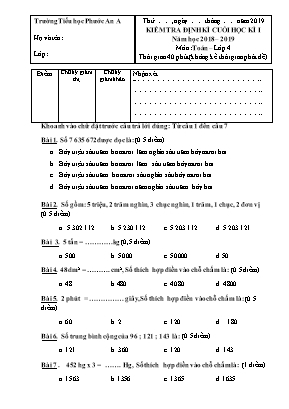 Đề kiểm tra định kì cuối học kì I môn Toán Lớp 4 - Năm học 2018-2019