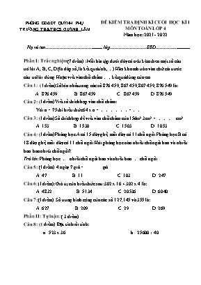 Đề kiểm tra định kì cuối học kì I môn Toán Lớp 4 - Năm học 2021-2022 (Có đáp án)